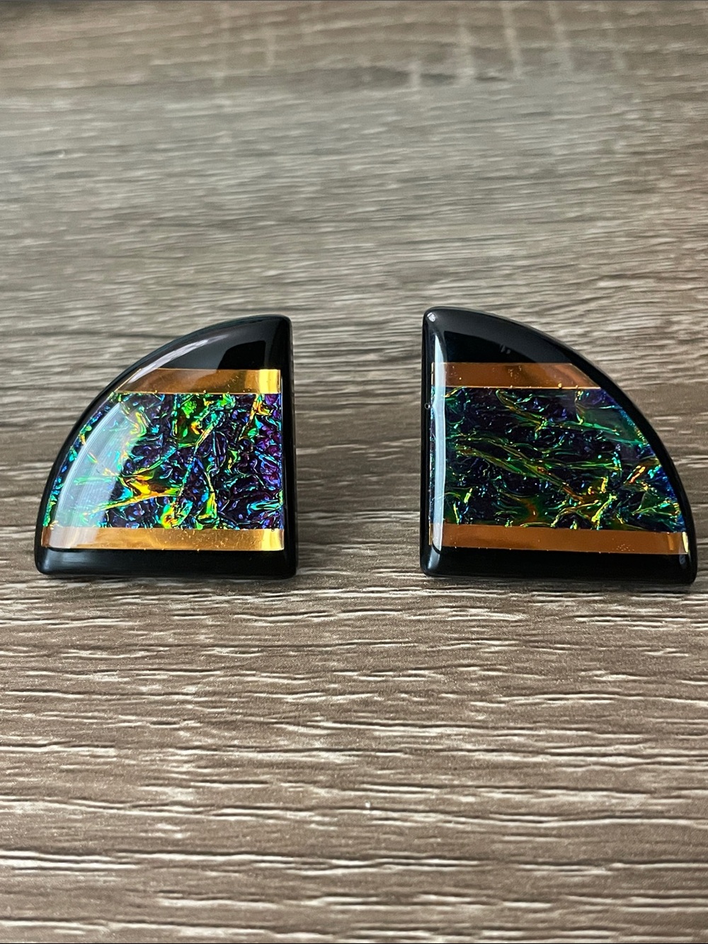 Vintage 80’s earrings with Iridescent Inlay and Gold Stripe